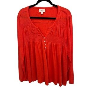 Style & Co Red Long Sleeve Smocked V-Neck 4 Button Knit Top Size XXL